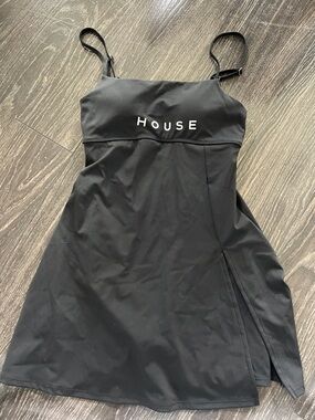House Black Spaghetti-Strap Mini Dress with Side Slit